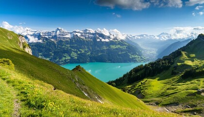 landscape with swiss alps mountains green nature and lake brienz brienzersee photo taken at hardergrat ridge trail hike near interlaken switzerland