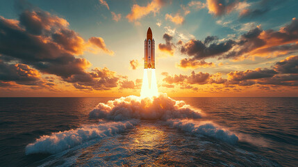 A space rocket stands tall on the launch pad, bathed in the warm glow of the setting sun. The panoramic sky symbolizes ambition, exploration, and the limitless potential of human innovation and dreams
