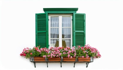 window with green shutters and flowers isolated on white background