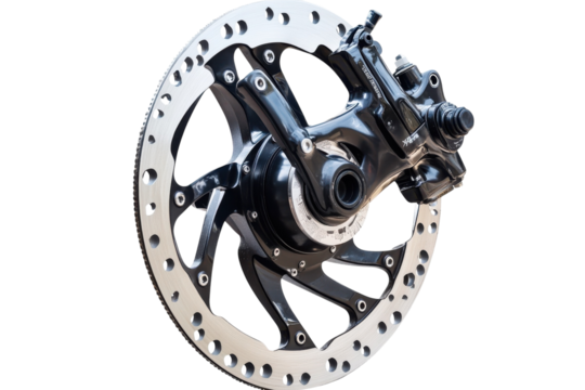 Dynamic lighting showcases a high-performance motorcycle brake caliper and disc in a workshop isolated on transparent background