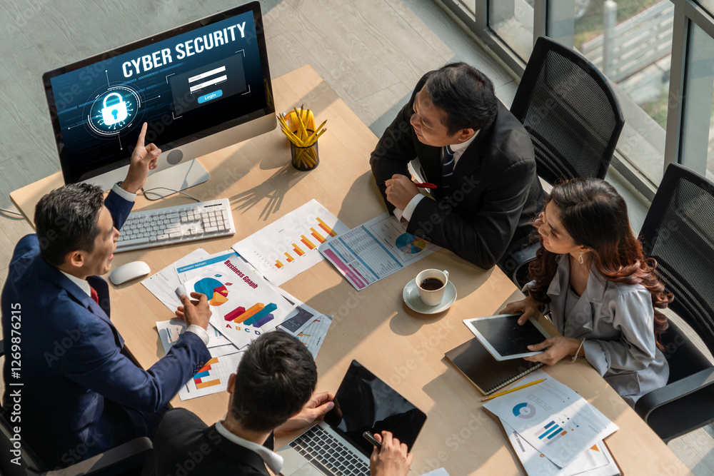 Poster cyber security system on computer screen protect private information snugly from hacker and cyber at