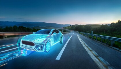 Naklejka premium electric car hologram showing the battery and engine while driving on a digital road