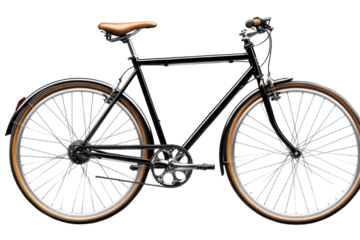 Classic black bicycle with a stylish brown seat stands against a simple backdrop in soft light isolated on transparent background