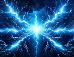 intense blue lightning abstract background with bright glowing center in a dark night sky