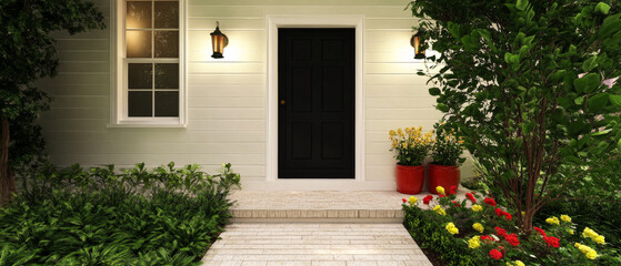 Fototapeta premium Beautifully landscaped entrance with vibrant flowers and a welcoming black door