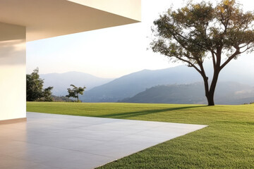 Stunning landscape view from a modern building with lush green grass and mountains