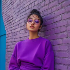 Young Woman in Purple Outfit With Cap and Glasses Poses Against Colorful Graffiti Wall in Urban Setting During Daylight Hours