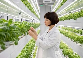 Woman scientist examining plants in vertical farm. Indoor hydroponic agriculture. Sustainable food production. Modern farming technology for urban areas