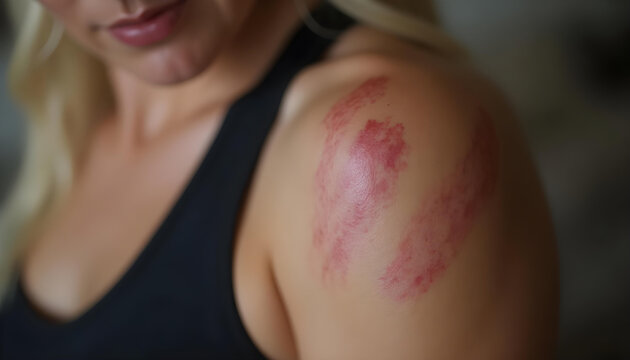 Mujer con heridas en la piel, en el hombro