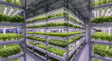 Vertical farming facility with rows of green leafy plants growing under LED lights. Sustainable urban agriculture for year-round food production