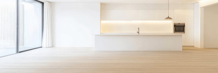 Modern kitchen interior design with white cabinetry and wooden flooring in spacious layout