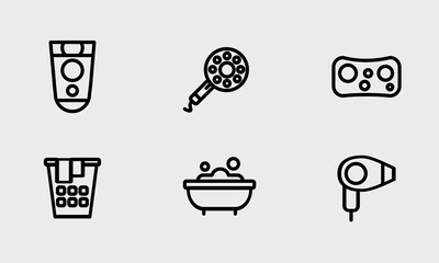 Bathroom symbol set - flat Shaver, sponge, hair dryer, bath tub with soap symbols.