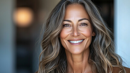 Obraz premium Portrait of a beautiful mature woman with long wavy hair, smiling at the camera
