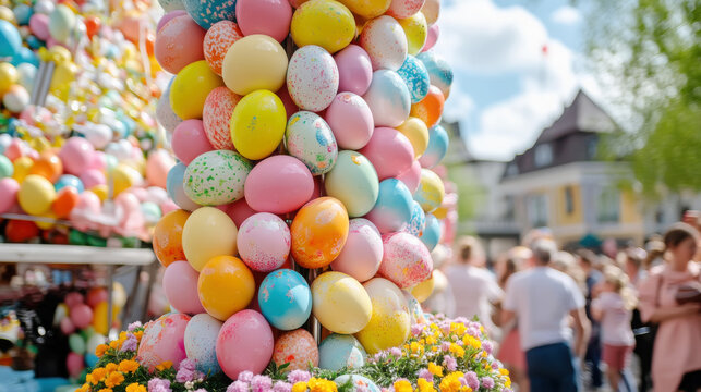 Vibrant easter fountain in biberbach adorned with colorful eggs and flowers for celebration