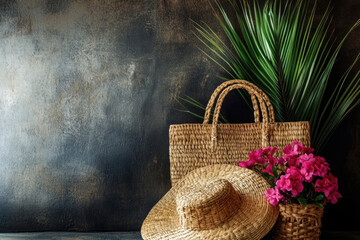 Stylish composition featuring woven beach bag, straw hat, and potted plant with pink flowers, on dark textured background. Warm and tropical atmosphere, for vacation, travel, summer holiday concepts