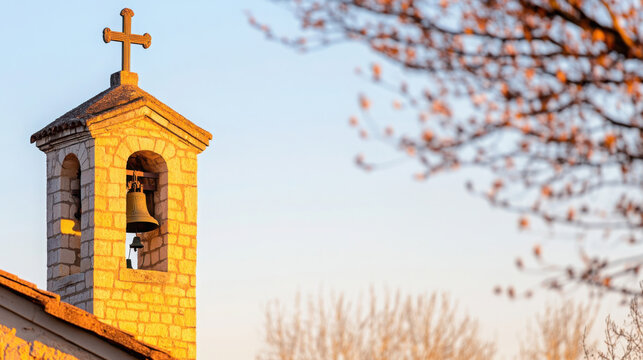 Serene french church bell tower at sunset in autumn