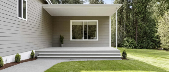 Modern grey house exterior with spacious porch and landscaped yard in daytime