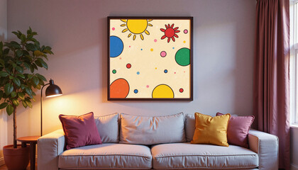 Colorful child art hanging in cozy lounge area with evening light, creativity