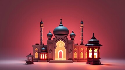 Obraz premium Illuminated Mosque at Night 3d Render Ramadan Eid