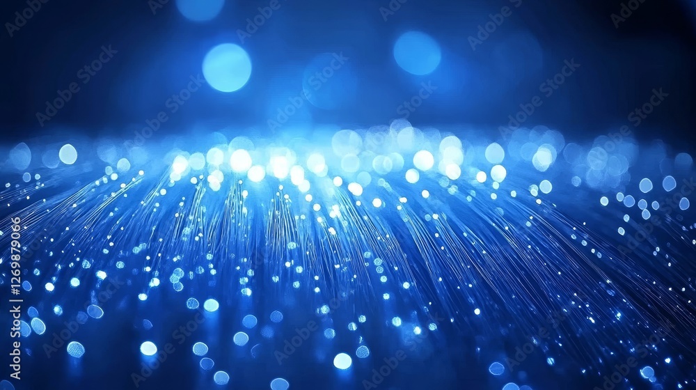 Poster abstract background, network of bright blue lines and nodes on dark blue with bokeh circles