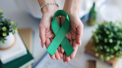 Hands holding a green ribbon symbolizing support and awareness