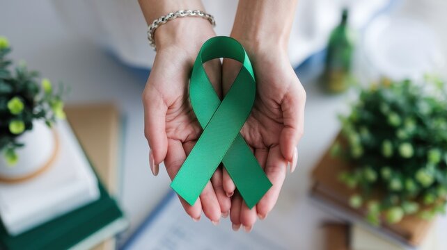 Hands holding a green ribbon symbolizing support and awareness - Powered by Adobe
