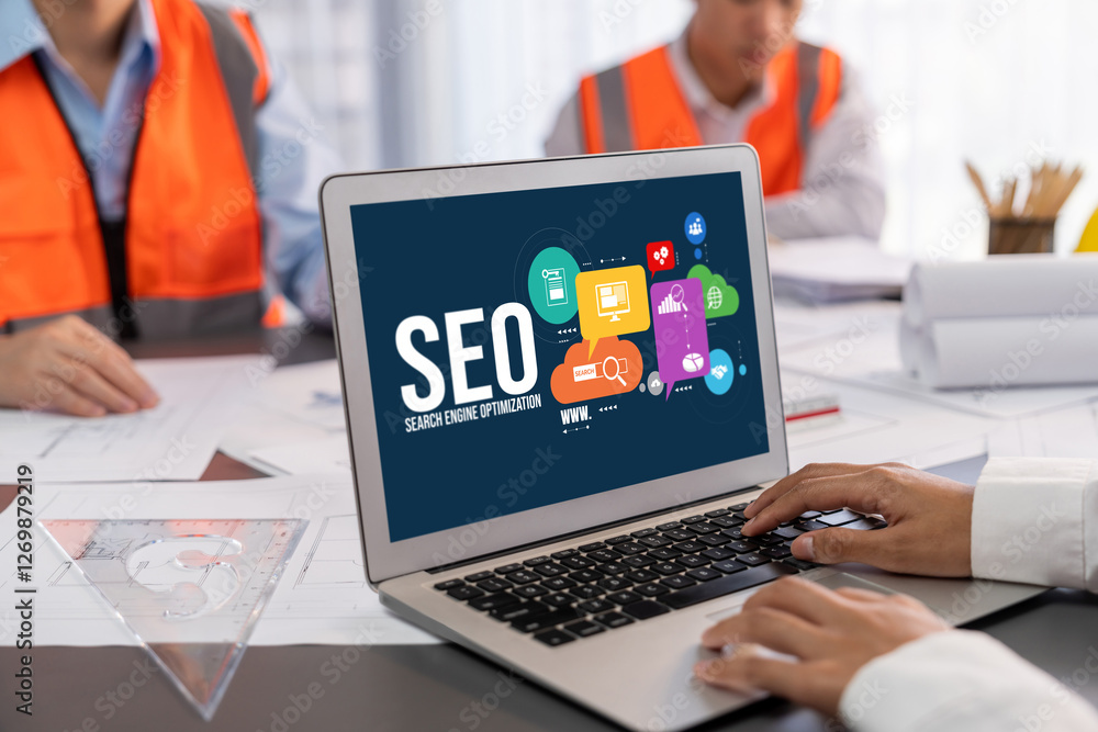 Poster seo search engine optimization for brisk e-commerce and online retail business showing on computer s