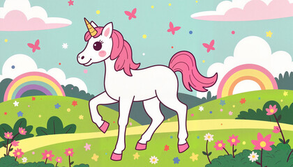Joyful unicorn prancing in vibrant valley, whimsical fantasy