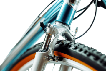 Detailed view of a mountain bike fork showcasing innovative suspension system and rugged tire design isolated on transparent background