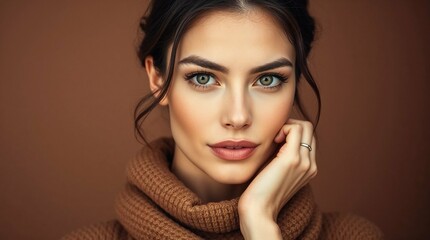 Fototapeta premium Stunning young woman with captivating eyes and a soft smile, wearing a cozy turtleneck against a warm brown background