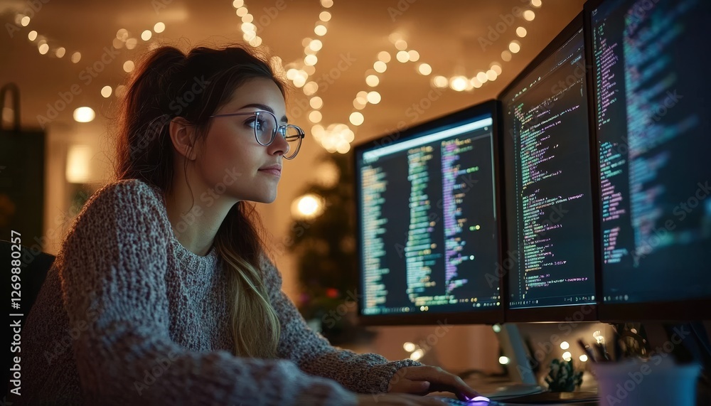Poster focused female programmer working late on a software development project in an office