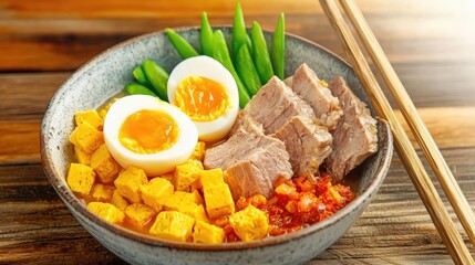 Delicious Asian Pork Bowl with Soft Boiled Eggs and Fresh Vegetables