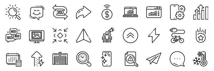 Electric bike, Photo thumbnail and 360 degree line icons pack. Share, Message, Paper plane icons. Smile chat, Phone service, Freezing web icon. Vector