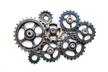 Intricate arrangement of bicycle gears displayed on a white background revealing mechanical beauty isolated on transparent background