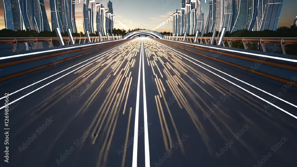 Poster speed light trails on a highway in motion blur creating a futuristic transportation and high-speed t