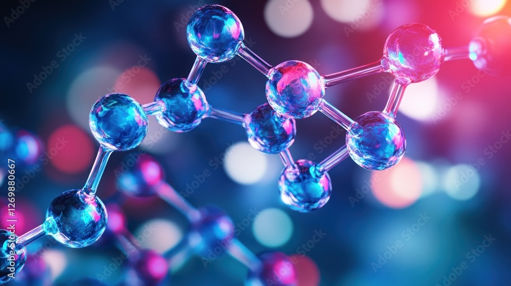 Poster abstract molecular structure with glowing spheres and neon color effect