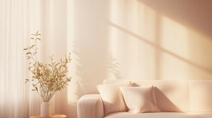 Cozy Minimalist Living Space With Natural Lighting and Soft Textures, Featuring a Light Color Palette and Simple Decor Elements