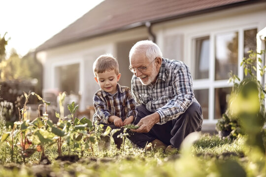 Grandfather and grandson gardening together in sunny backyard