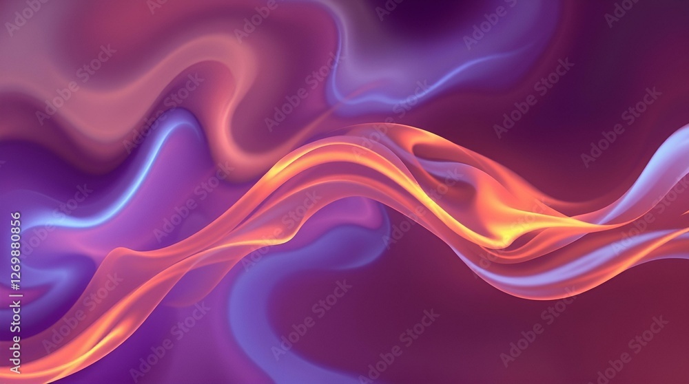 Poster fluid abstract design featuring smooth waves of vibrant purple and orange colors creating a flowing 