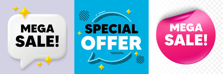 Mega sale speech bubble. 3d sparkles chat, Paper sticker. Mega Sale tag. Special offer price sign. Advertising Discounts symbol. Special offer bubble. Halftone dots pattern. Vector