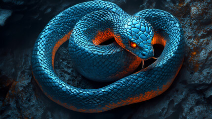Fototapeta premium A striking blue biomechanical snake with an orange belly resting on dark stone. generative ai. Biomechanical Serpents. Illustration