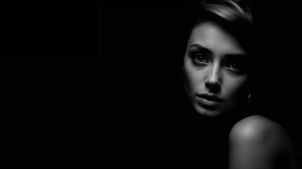 Mysterious young woman with striking features in a dramatic black and white portrait, copy space
