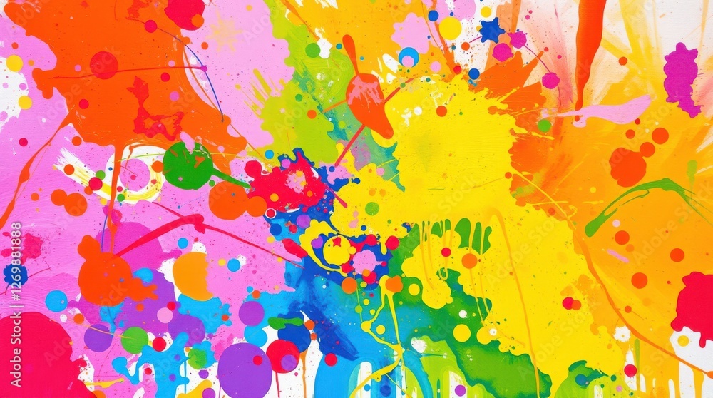 Poster vibrant paint splatters create an abstract explosion of color, a visual feast of chaotic harmony on 