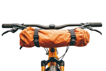 Bicycle handlebars adorned with a vibrant orange bag ready for an adventurous ride in nature isolated on transparent background