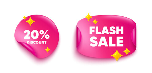Discount sticker tag. Flash offer paper price banner. 20 percent discount tag. Sale offer price sign. Special offer symbol. Discount sticker with 3d glitter. Vector