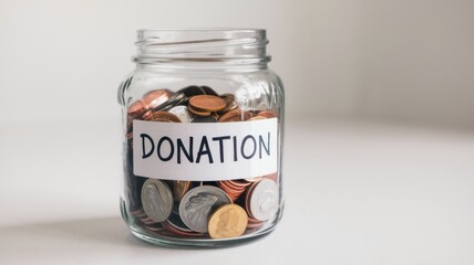 Glass jar filled with coins labeled donation sits upright