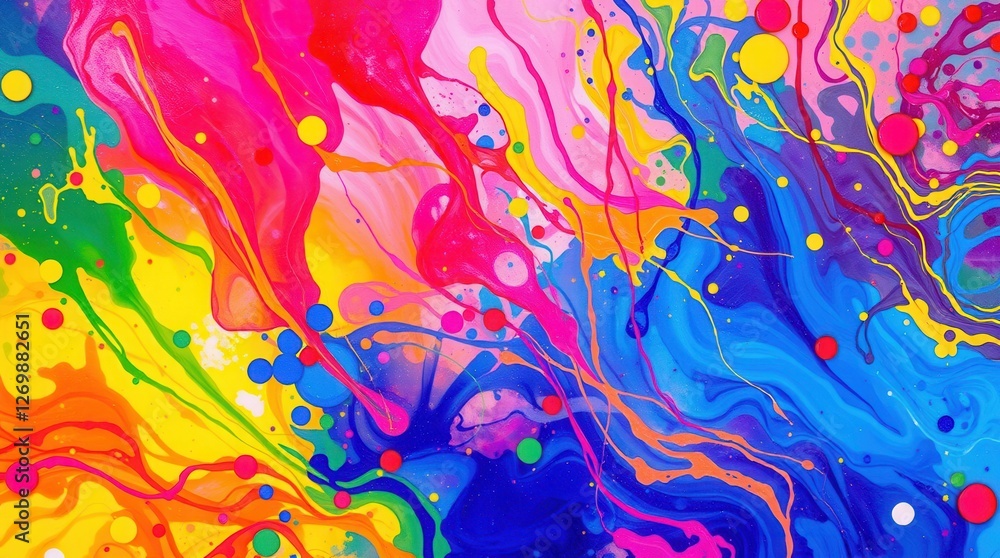 Poster vibrant paint splash with dynamic color play and fluid motion, creating a lively, abstract expressio
