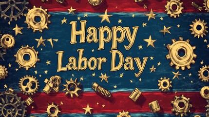 Obraz premium Celebration of Labor Day With Gears and Stars on a Colorful Background Featuring the Phrase Happy Labor Day Prominently Displayed