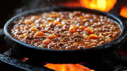 Spicy bean stew cooking on open fire