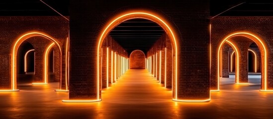 Illuminated Brick Archway Corridor Neon Lights